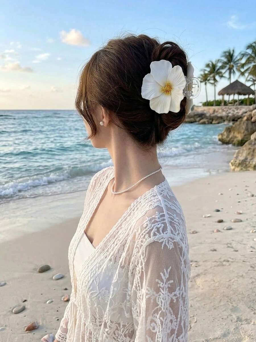 1Pc White Hawaiian Hibiscus Flower Hair Claw Clip - Women Non-Slip Strong Grip Accessories For Summer Beach Updos & Outfits - White - View 1