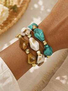 3pcs Asymmetrical Faux Pearl Bracelet Set, Gentle Summer Layering Accessory, Exquisite Bridesmaid Gift - Multicolor - View 6