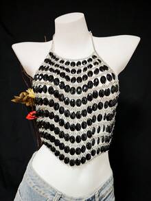 Women's Luxury Shiny Rhinestone Tassel Camisole See-Through Party Club Sexy Crop Top - Black - View 9