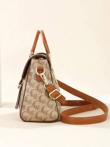 Retro Allover Letter Print Handbag Combo, Color Block Splicing Shoulder Bag With Detachable Adjustable Strap & Gold Metal Hardware - Brown - View 4