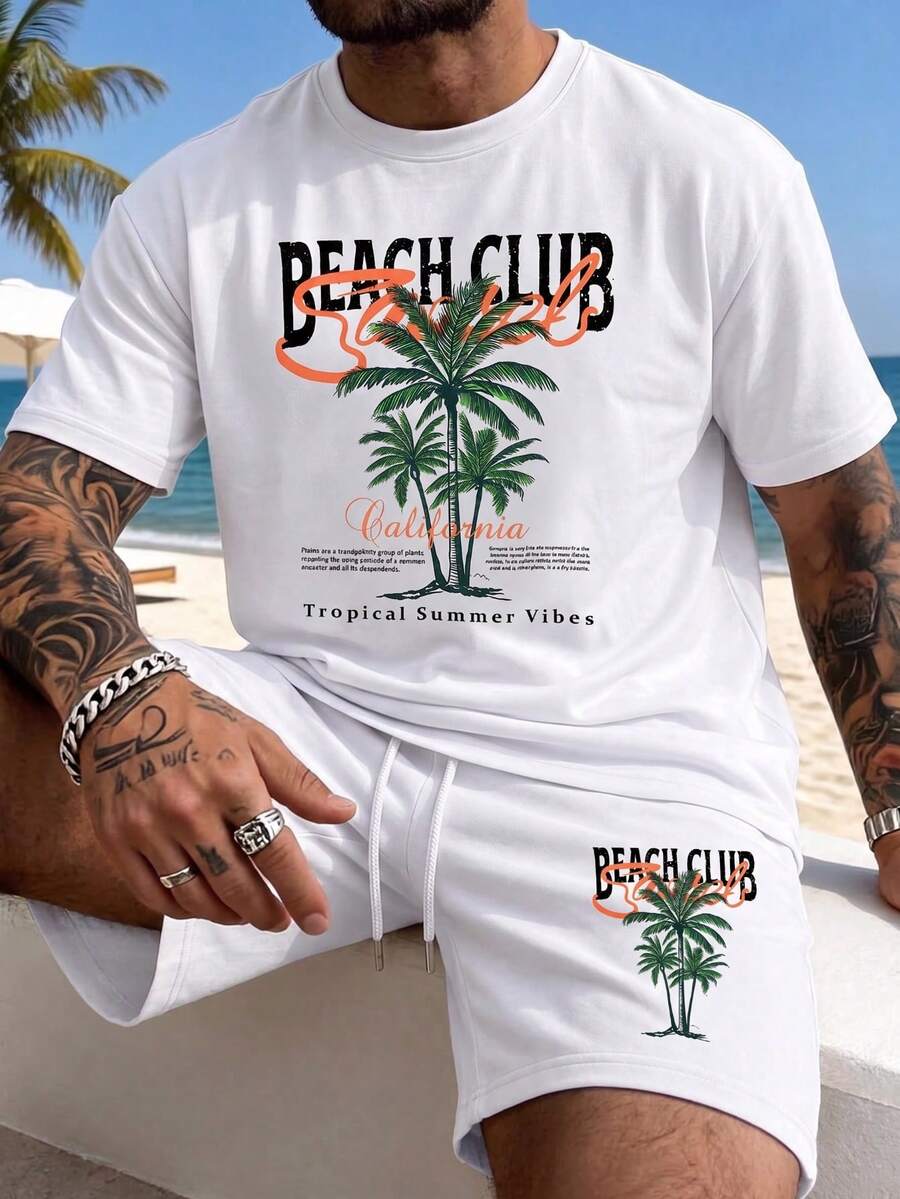 Men's Summer Crew Neck Casual T-Shirt And Casual Shorts Set - White - View 1