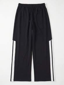SU ER Men's Summer Casual Elastic Waist Drawstring Loose Drapey Lazy Wide Leg Long Pants - Black - View 6