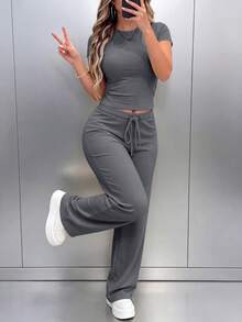 Women's Spring/Summer/Autumn New Round Neck Short Sleeve T-Shirt & Casual Daily Elastic Waist Loose Long Pants 2 Pieces Set, Outfit Elegant - Dark Gray 51 - View 2