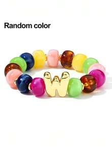 1pc Women's Rainbow Letter Beaded Bracelet, Colorful Resin Large Bead Elastic Bangle, A-Z English Letter Personalized Design, Stackable Fashion Accessory, Suitable For Daily Wear And Gifting - Multicolor - View 11