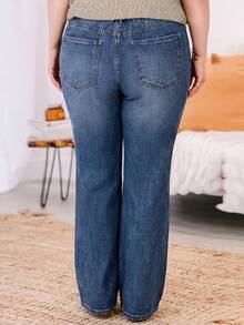 Plus Size Women's Casual Solid Color Cat Whisker Texture Denim Jeans With Pockets - Blue - View 6