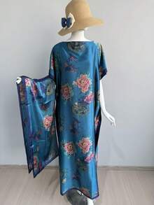 1件女款花卉印花絲綢感披肩連小圍巾套裝，裝飾性外穿披肩，適用海灘、防曬防風、日常穿著 - 彩色 - 查看 1