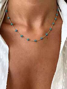 1pc Bohemian Style Necklace, Versatile Turquoise Necklace, Natural Stone Collarbone Necklace, Women's Beach Vacation Necklace - Multicolor - View 3