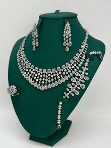 Middle East Dubai Luxury Pearlescent Heavy Work White Red Green Cubic Zirconia 4-Piece Set Pakistan Saudi Arabia Bridal Party Jewelry Set Wedding Accessories Gift - White - View 2