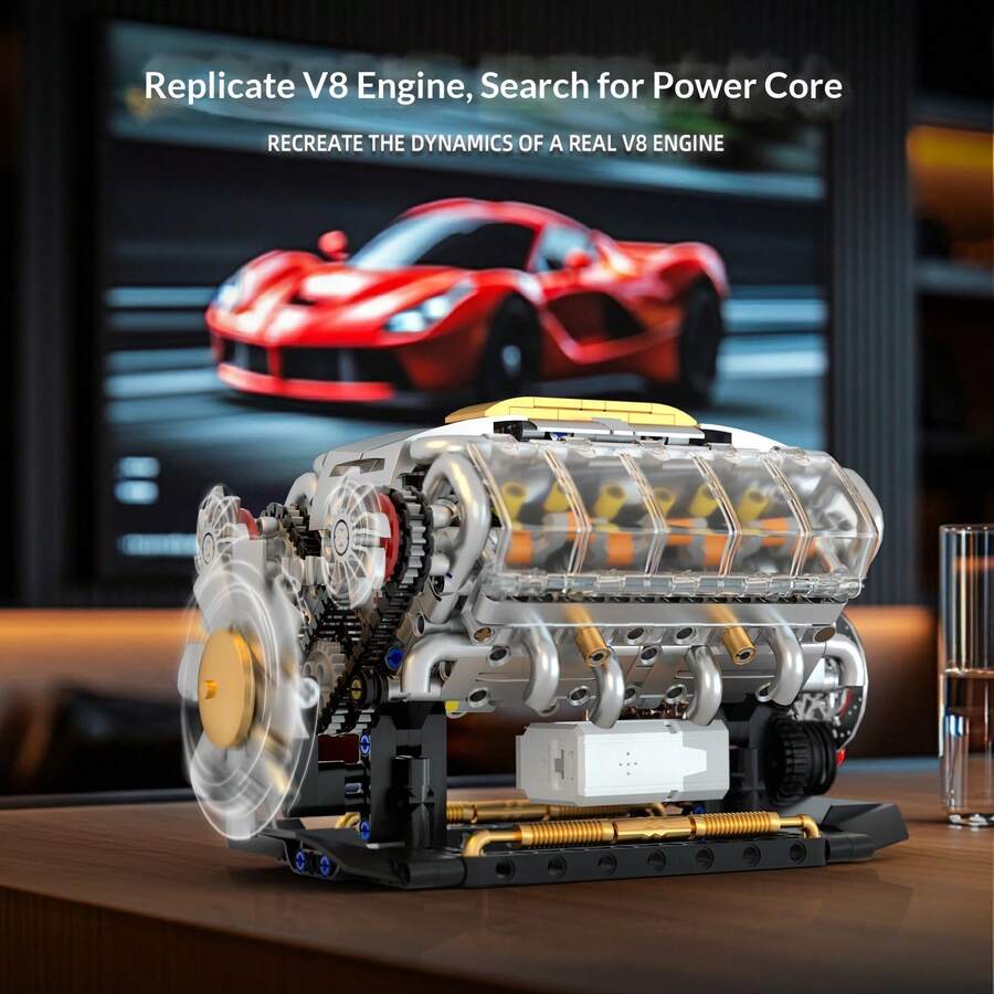 Supercar V8 Engine Building Blocks, V8 Engine Model Assembly, DIY MOC Mini V8 Engine Model, Adult STEM Assembly Kit, Physics Science Educational, Desktop Ornament Model, Birthday Gift, 692 Pieces Building Blocks - Multicolor - View 1
