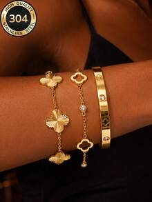 18k Gold Plated Women's Elegant Hollow Floral Bracelet & Bangle Set, 304 Stainless Steel Hypoallergenic Wear-Resistant, Suitable For Daily Wear/Summer Beach Party/Vacation/Mother's Day/Valentine's Day/Graduation Gift - Gold - View 3
