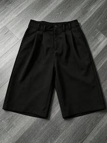 Fashion Wide Leg Suit Shorts For Men Pleated Front Loose Fit Mid Length Chino Shorts Button Closure Casual Daily Street Business Dress Short Sports - Black - View 5
