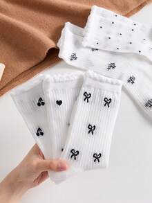 5 Pairs White Women's Mid-Calf Socks With Bow, Polka Dot, Cherry Patterns, Suitable For All Seasons - White - View 3