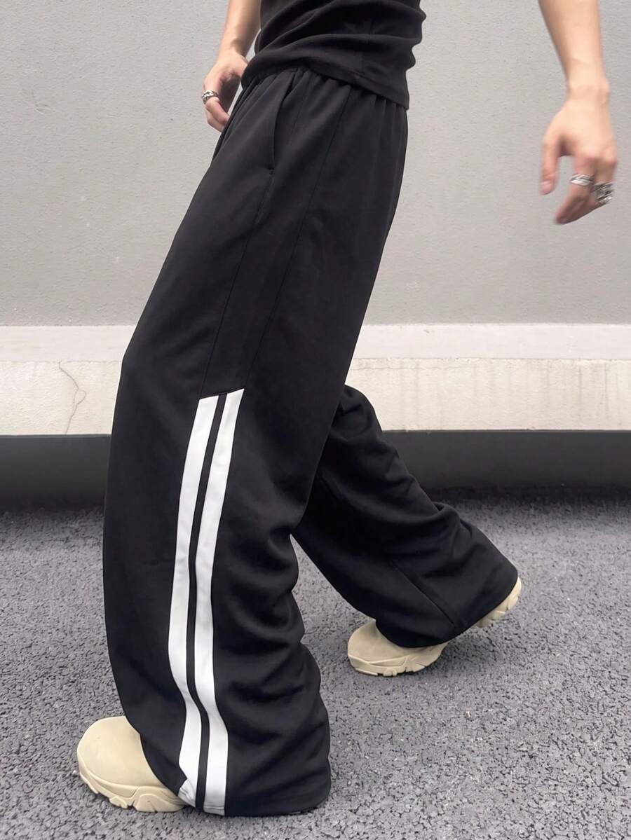 SU ER Men's Summer Casual Elastic Waist Drawstring Loose Drapey Lazy Wide Leg Long Pants - Black - View 1
