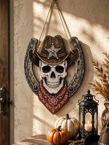 1pc Western Skull Horseshoe Front Door Hanging Decor, Halloween Decoration, Vintage Skull Star Pattern Headscarf Wall Plaque, Rustic Farmhouse Porch Decor, Autumn Indoor/Outdoor Entryway Holiday Wall Art, Spooky Season Party Home Decoration, Fall Decor - Multicolor - View 9