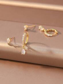 2pcs/Set Alloy Gold-Plated Water Drop Zirconia Earrings Set, Water Drop Single Diamond Stud Earrings Paired With Fully Pave Water Drop Pendant Ear Cuffs, Transparent High-Shine Pear-Shaped Zirconia, Double Layer Stackable Design, Light Luxury Gentle Style Daily Commute Versatile Women's Jewelry - View 3