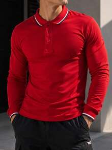 Sweatshirt Polo Lengan Panjang Klasik Pria, Desain Garis Ganda Bergaris, Cocok untuk Pemakaian Sehari-hari dan Atasan Kasual Olahraga Tim - Merah - View 1