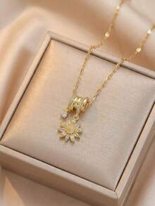 Women's Travel Theme Charm Necklace Set, Gold-Plated Daisy, Globe, Airplane And Hamsa Hand Pendant, Delicate Collarbone Chain, Fashionable Jewelry Gift - Gold - View 4