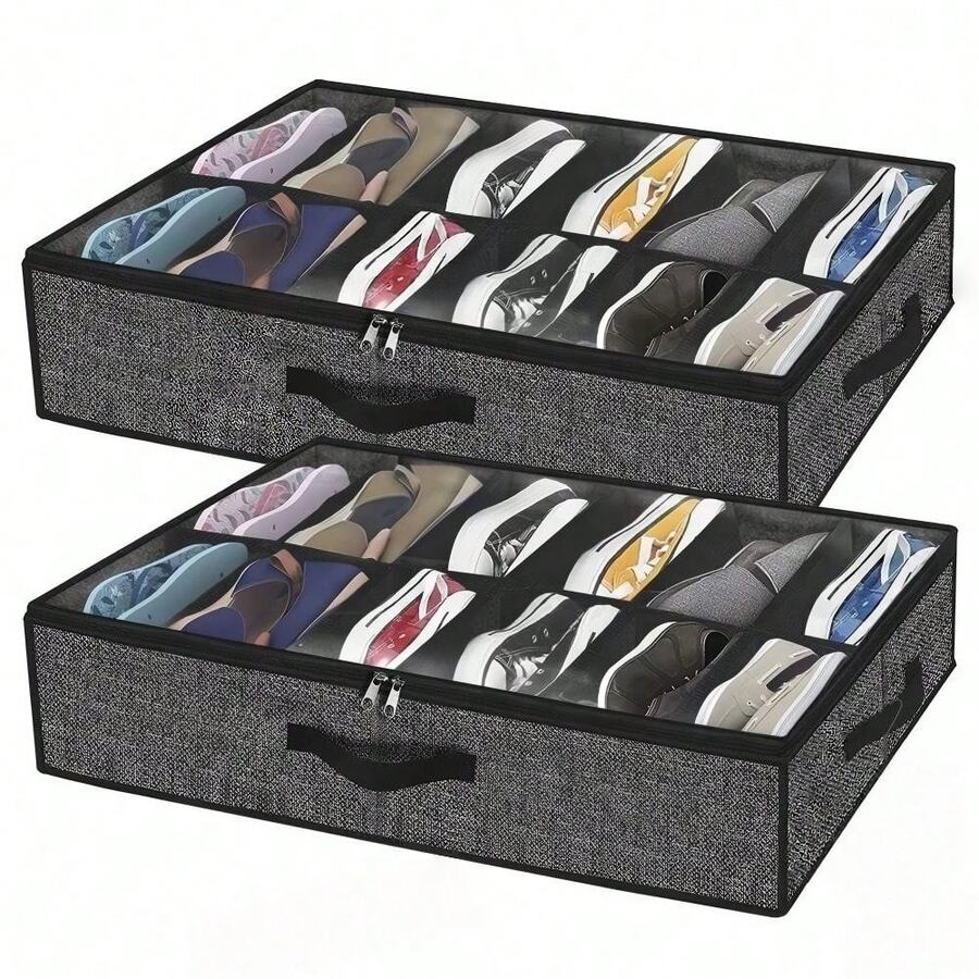 2pcs Sturdy Underbed Shoe Storage Boxes, Holds 12 Pairs Of Shoes, Underbed Shoe Storage Solution, With Transparent Window, Breathable - Multicolor - View 1