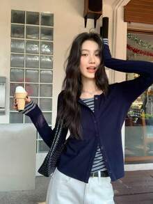 Atasan Wanita Bergaris 2 in 1 Kasual Serbaguna untuk Pemakaian Sehari-hari - Biru - View 6