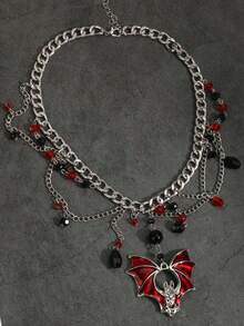 Vintage Gothic Halloween Big Bat Red Bat Sexy Cross Pendant Black Bead Tassel Necklace Women's Personalized Collarbone Chain Versatile Accessory - Red - View 3