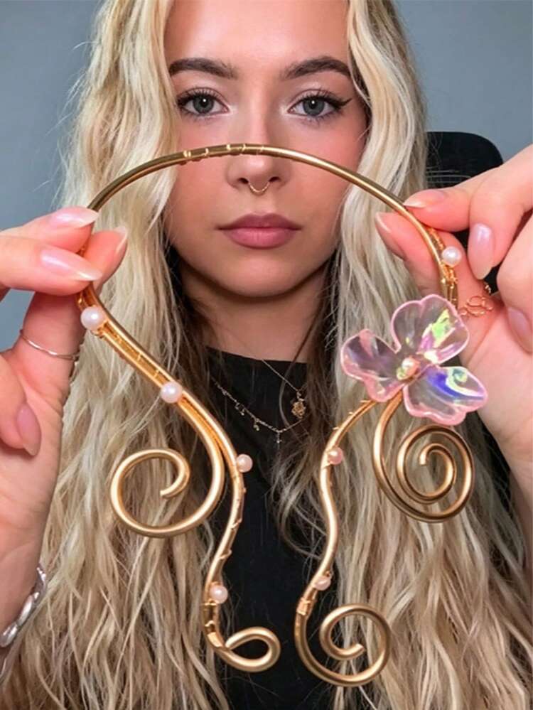 1pc Ins Style Double Layer Iridescent Flower Decor Choker Necklace, Luxury Elegant High-End Spiral Wrapped Faux Pearl Collarbone Chain - Gold Flower Necklace - View 2