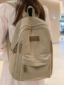 1件極簡大容量女款後背包，純色休閒包，適合旅行、購物，可攜帶筆記本電腦、教科書與衣物 - 卡其色 - 查看 4