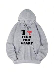 Women's Hooded Sweatshirt, New Autumn/Winter Digital Heart Pattern & Letter Print, Drawstring Design, With Pockets, Casual Versatile Loose Fit Top, Fashionable Daily Wear - Dark Gray - View 3