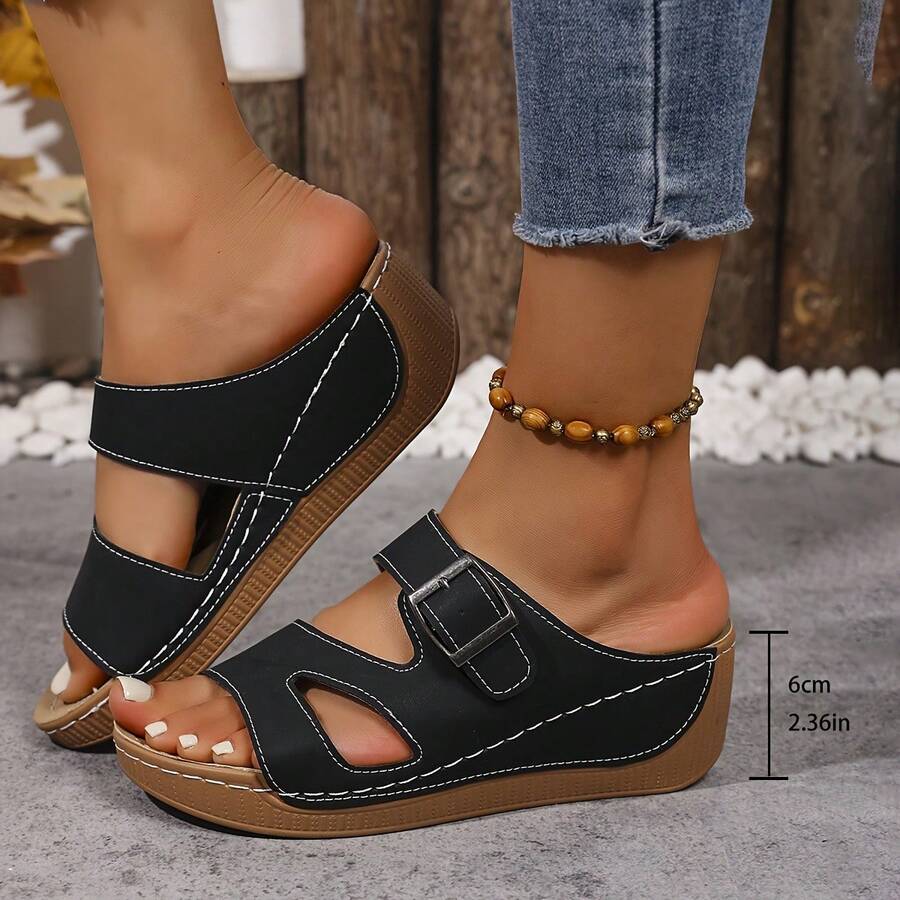 Popular Summer Outerwear, Daily Wear, Vacation Style, Street Fashion Heightening, Comfortable Slip-On, Versatile Casual Thick-Soled Women's Slippers - 黑色 - 查看 1