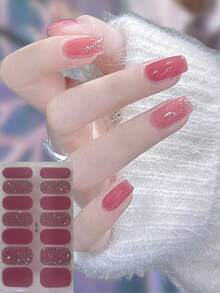 Pegatina de uñas de gel sin horneado color rosa coral, película de aceite para uñas, pegatina de uñas impermeable, pegatina de unicolor, pegatina de polvo de cebollino, pegatina de degradado de color saltarín, pegatina completa - Rosa Fucsia - Ver 11