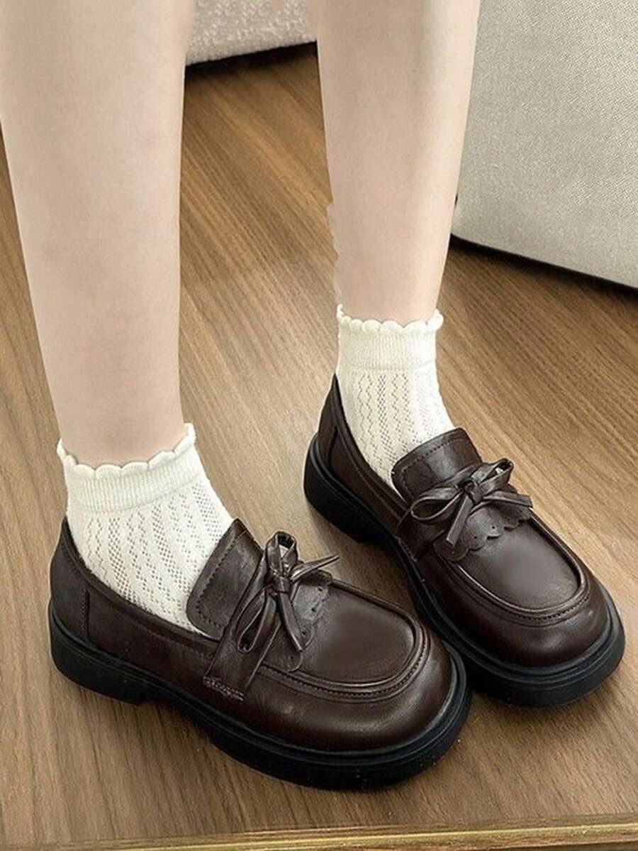 1 Pair Women's Bow Decor Round Toe Loafers, Soft Leather Low Thick Sole Vintage Preppy Commuter All-Season Versatile Leather Shoes - Brown - View 1