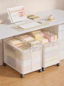 1 pieza Carrito de almacenamiento plegable de gran capacidad con ruedas, carrito de aperitivos de PVC impermeable, adecuado para libros, documentos, ropa y aperitivos, se puede colocar debajo del escritorio, al lado de la cama, en el dormitorio y en la residencia estudiantil, perfecto para Navidad, Acción de Gracias, Halloween, regreso a la escuela y organización del hogar - Blanco - Ver 3