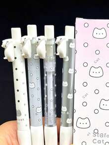 4pcs Cute Cat Clickable Gel Pens, Highly Attractive Creative Design, ST Tip, Quick-Drying 0.5mm Black Ink, Suitable For Students, First Day Of School - Multicolor - View 8