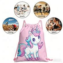 Pink And Blue Unicorn Print Drawstring Backpack Bag For Kids And Girls, Cute School Essential With Cord Closure, Fairytale Travel Accessory For Beach Visits, Dance Class, Camp Activities, Casual Outings And Weekend Adventures - UNICORN-108 - View 7