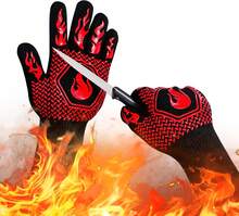 BBQ Fireproof Gloves, Grill Cut-Resistant 1472°F Heat Resistant Gloves, Non-Slip Silicone Oven Gloves, Kitchen  Cooking Gloves For Oven Mitts,Barbecue,Cooking, Frying,13.8 Inch-Red - ColorF - View 1