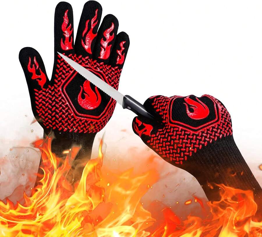 BBQ Fireproof Gloves, Grill Cut-Resistant 1472°F Heat Resistant Gloves, Non-Slip Silicone Oven Gloves, Kitchen  Cooking Gloves For Oven Mitts,Barbecue,Cooking, Frying,13.8 Inch-Red - ColorF - View 1