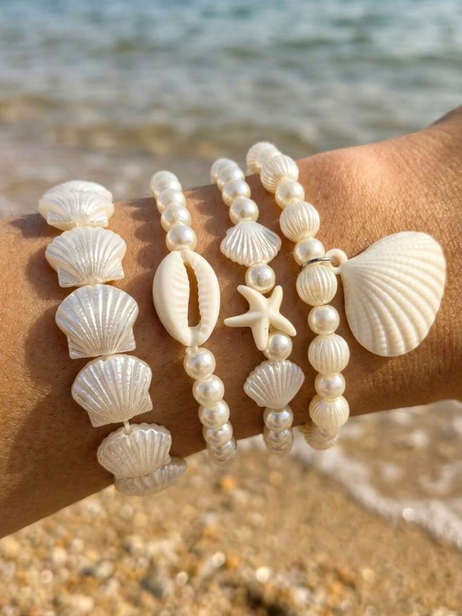 4pcs/Set Fashion Versatile Acrylic Scallop Shell Faux Pearl Turquoise Starfish Beaded Bracelets For Women Daily Beach Vacation Wear - White - View 1