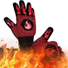BBQ Fireproof Gloves, Grill Cut-Resistant 1472°F Heat Resistant Gloves, Non-Slip Silicone Oven Gloves, Kitchen  Cooking Gloves For Oven Mitts,Barbecue,Cooking, Frying,13.8 Inch-Red - ColorF - View 7