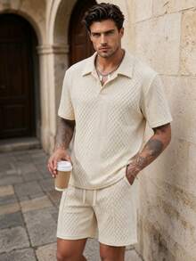 Conjunto de pantalones cortos y camiseta casual de hombre de unicolor con tela de jacquard - Albaricoque - Ver 1
