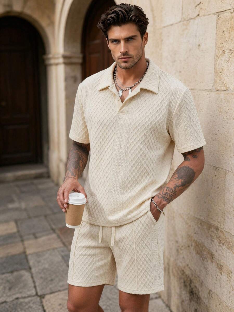 Conjunto de pantalones cortos y camiseta casual de hombre de unicolor con tela de jacquard - Albaricoque - Ver 1