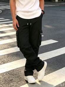 Men's Black Multi-Pocket Versatile Straight Leg Loose Fit Outdoor Cargo Pants Sports - Black - View 4