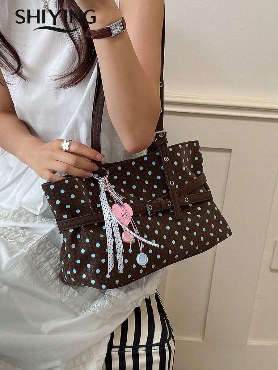 Fashion Polka Dot Handbag, Women's Shoulder Bag, 1pc Solid Color PU Leather New Backpack, Large Capacity Tote Bag, Suitable For Shopping, Commuting, Street Shopping, Dating And Other Occasions