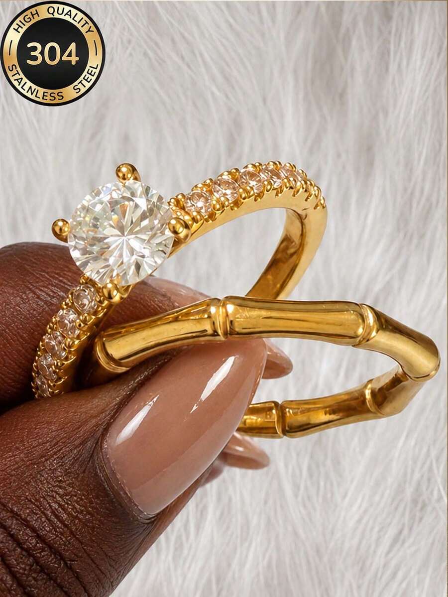 2 Peças/Conjunto Anéis de Luxo Femininos Banhados a Ouro 18K com Junta de Bambu, Aço Inoxidável 304, À Prova d'Água, Hipoalergênico, Presente para Chuveiro, Natal, Ano Novo, Aniversário, Proposta, Aniversário para Namorada e Melhor Amiga