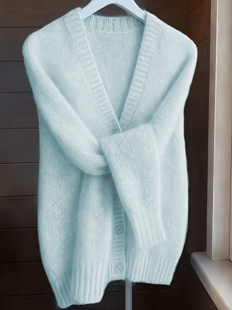 Spring/Autumn Soft Fluffy Long Hair Loose Drop Shoulder Long Sleeve Knit Cardigan, Delicate Texture, Casual Dating Shopping Atmospheric Versatile Outerwear Sweater - Blue - View 1