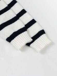 1pc Boys' Korean Style Versatile Striped Colorblock Polo Collar Sweater, Spring/Autumn/Winter - Black and White - View 9