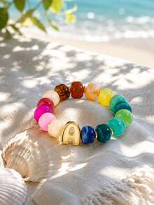 1pc Women's Rainbow Letter Beaded Bracelet, Colorful Resin Large Bead Elastic Bangle, A-Z English Letter Personalized Design, Stackable Fashion Accessory, Suitable For Daily Wear And Gifting - Multicolor - View 4