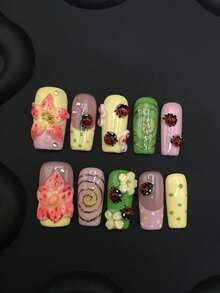 Handmade Macaron Polka Dot Press On Nails, Stereo Ladybug Floral Gilded Spiral Line, Medium Square Spring Cute False Nails For Daily Wear - Multicolor - View 4