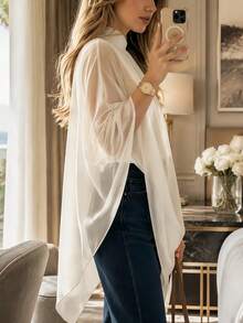 Women's Elegant Asymmetric Hem Chiffon Top White Summer - White - View 6