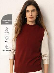 Chaleco de mujer 100% lana merino pura, top de punto sin mangas con cuello alto, capa base de lana, top básico, prenda de abrigo para invierno, jersey para primavera/otoño, jersey de invierno, jersey de punto elegante para mujer, jersey de lana de invierno - Rojo cinabrio - Ver 3