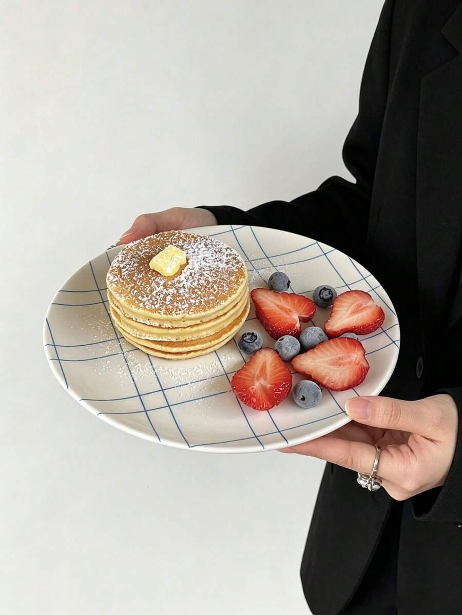 1pc Bamboo Fiber Material Double Line Plaid Plate, Breakfast Fruit Plate, Dessert Salad Plate, Baby Complementary Food Plate