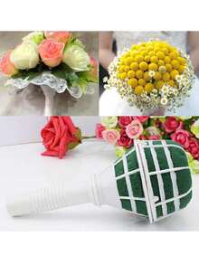 6pcs Foam Floral Handle Bouquet Holder, Suitable For DIY Wedding Bouquets, With Fixable Diamond Bouquet Pins And Green Tape, Wedding Supplies - Green - View 6